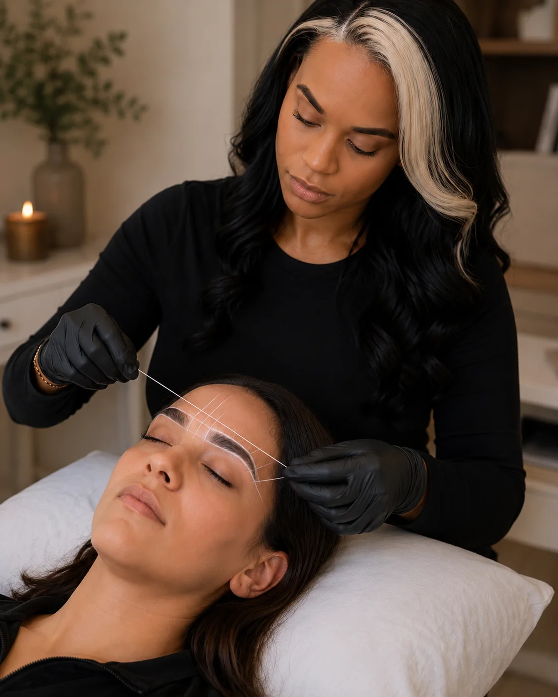 Nadia Blanco mapping and designing a client's brows during an HD Brows treatment at home