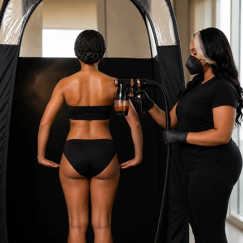 Spray tan being applied professionally inside a pop-up tanning tent